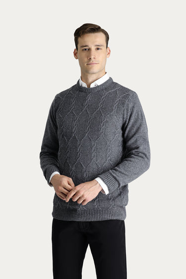 Orta Füme Bisiklet Yaka Slim Fit Dar Kesim Yünlü Desenli Triko Kazak