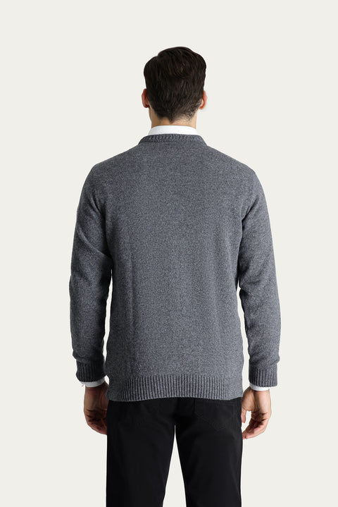 Orta Füme Bisiklet Yaka Slim Fit Dar Kesim Yünlü Desenli Triko Kazak