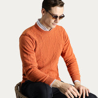 Açık Turuncu Bisiklet Yaka Slim Fit Dar Kesim Yünlü Desenli Triko Kazak