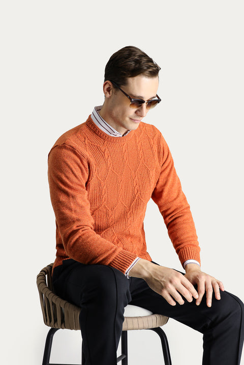 Açık Turuncu Bisiklet Yaka Slim Fit Dar Kesim Yünlü Desenli Triko Kazak