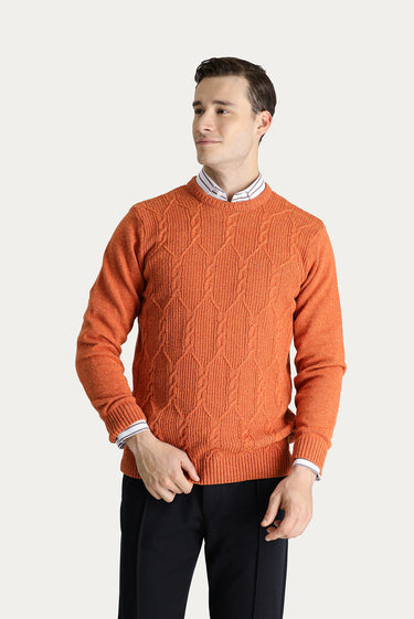 Açık Turuncu Bisiklet Yaka Slim Fit Dar Kesim Yünlü Desenli Triko Kazak