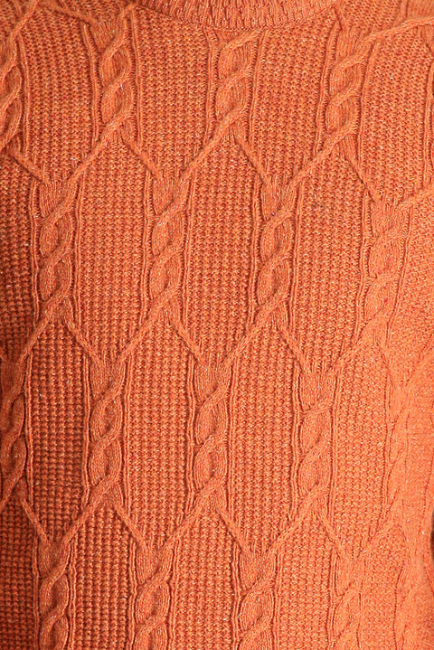 Açık Turuncu Bisiklet Yaka Slim Fit Dar Kesim Yünlü Desenli Triko Kazak