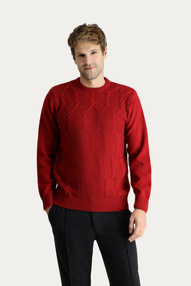 Koyu Kırmızı Bisiklet Yaka Slim Fit Dar Kesim Yünlü Desenli Triko Kazak