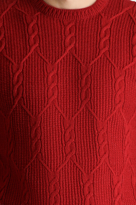 Koyu Kırmızı Bisiklet Yaka Slim Fit Dar Kesim Yünlü Desenli Triko Kazak