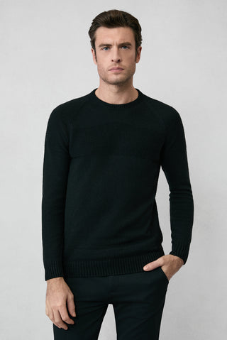  Siyah Bisiklet Yaka Slim Fit Dar Kesim Dikişsiz Desenli Yünlü Triko Kazak