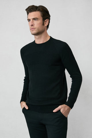  Siyah Bisiklet Yaka Slim Fit Dar Kesim Dikişsiz Desenli Yünlü Triko Kazak