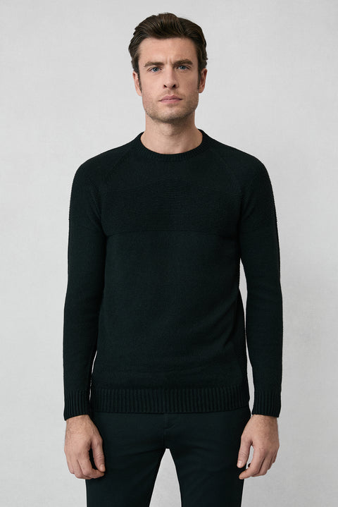 Siyah Bisiklet Yaka Slim Fit Dar Kesim Dikişsiz Desenli Yünlü Triko Kazak