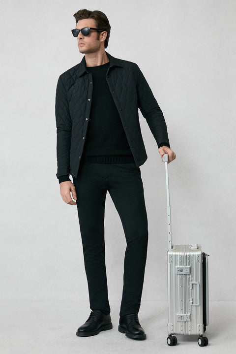 Siyah Bisiklet Yaka Slim Fit Dar Kesim Dikişsiz Desenli Yünlü Triko Kazak