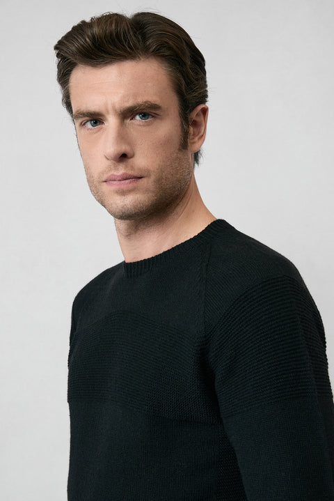 Siyah Bisiklet Yaka Slim Fit Dar Kesim Dikişsiz Desenli Yünlü Triko Kazak