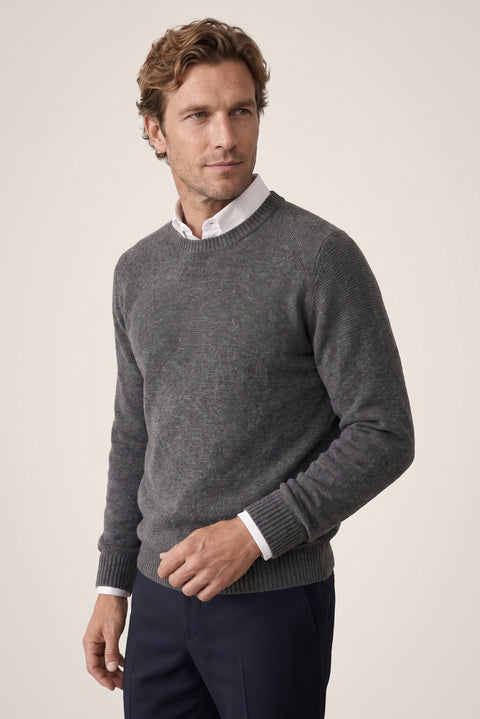 Medium Gray Crew Neck Slim Fit Narrow Cut Seamless Patterned Wool Knit Sweater