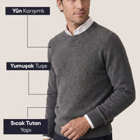 Orta Füme Bisiklet Yaka Slim Fit Dar Kesim Desenli Yünlü Triko Kazak