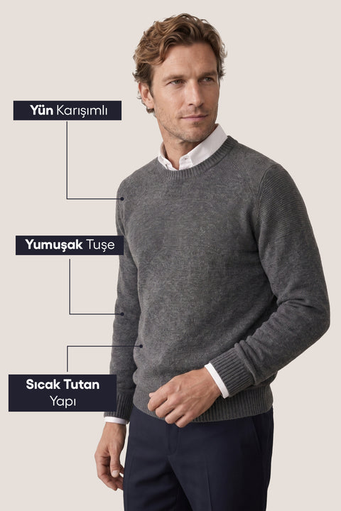 Orta Füme Bisiklet Yaka Slim Fit Dar Kesim Desenli Yünlü Triko Kazak