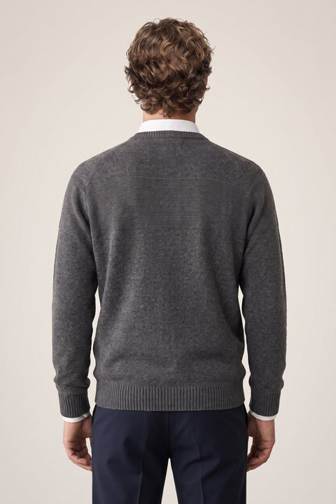 Medium Gray Crew Neck Slim Fit Narrow Cut Seamless Patterned Wool Knit Sweater