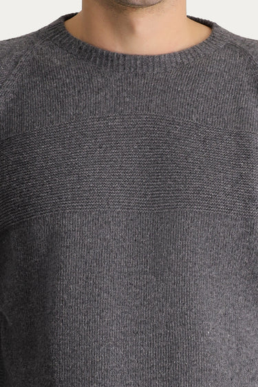 Orta Füme Bisiklet Yaka Slim Fit Dar Kesim Dikişsiz Desenli Yünlü Triko Kazak