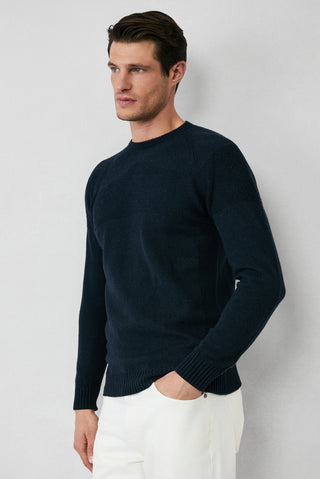  Koyu Lacivert Bisiklet Yaka Slim Fit Dar Kesim Dikişsiz Desenli Yünlü Triko Kazak