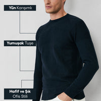 Koyu Lacivert Bisiklet Yaka Slim Fit Dar Kesim Desenli Yünlü Triko Kazak