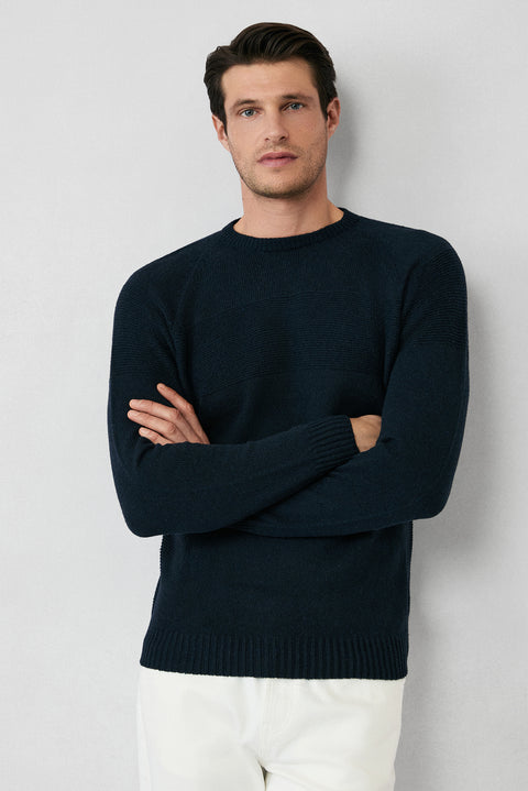 Koyu Lacivert Bisiklet Yaka Slim Fit Dar Kesim Dikişsiz Desenli Yünlü Triko Kazak