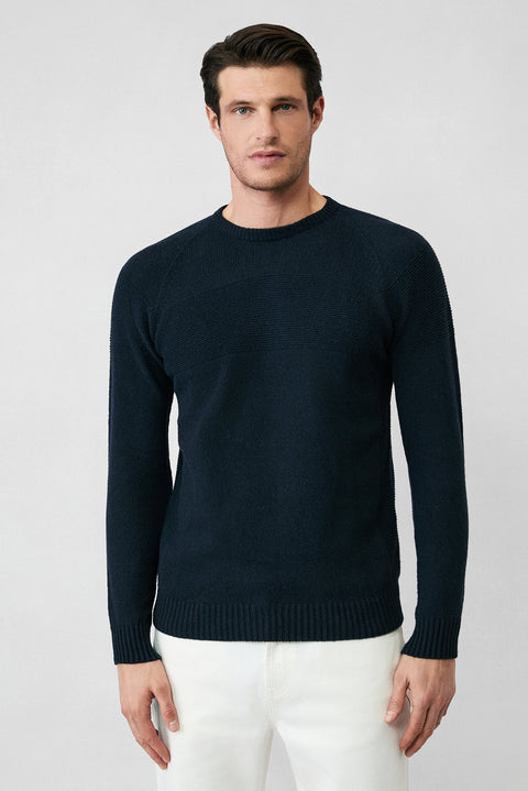 Koyu Lacivert Bisiklet Yaka Slim Fit Dar Kesim Dikişsiz Desenli Yünlü Triko Kazak