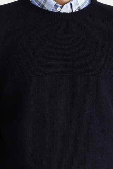 Koyu Lacivert Bisiklet Yaka Slim Fit Dar Kesim Dikişsiz Desenli Yünlü Triko Kazak