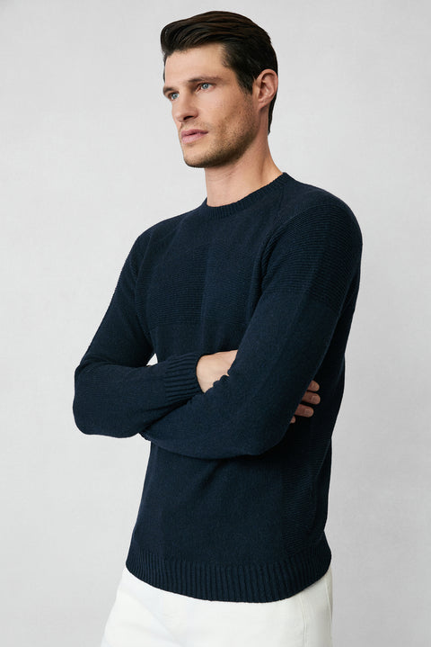 Koyu Lacivert Bisiklet Yaka Slim Fit Dar Kesim Dikişsiz Desenli Yünlü Triko Kazak