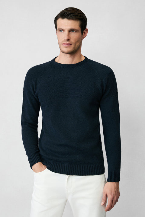 Koyu Lacivert Bisiklet Yaka Slim Fit Dar Kesim Dikişsiz Desenli Yünlü Triko Kazak