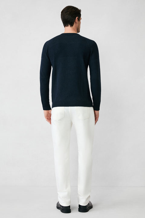 Koyu Lacivert Bisiklet Yaka Slim Fit Dar Kesim Dikişsiz Desenli Yünlü Triko Kazak