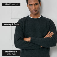 Koyu Antrasit Bisiklet Yaka Slim Fit Dar Kesim Desenli Yünlü Triko Kazak