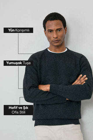  Koyu Antrasit Bisiklet Yaka Slim Fit Dar Kesim Desenli Yünlü Triko Kazak