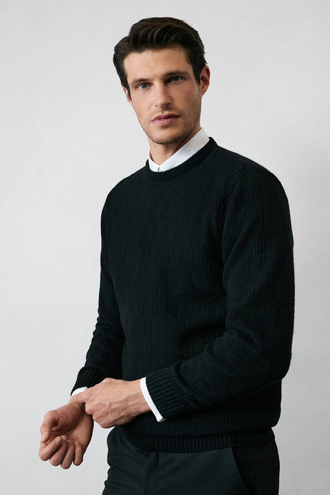 Black Crew Neck Regular Fit Patterned Wool Knit Sweater