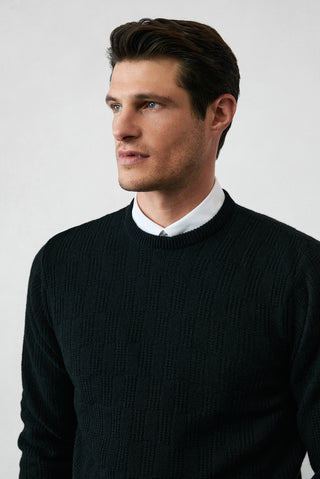  Siyah Bisiklet Yaka Regular Fit Yünlü Desenli Triko Kazak