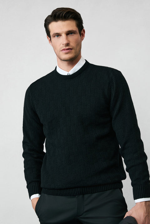 Siyah Bisiklet Yaka Regular Fit Yünlü Desenli Triko Kazak