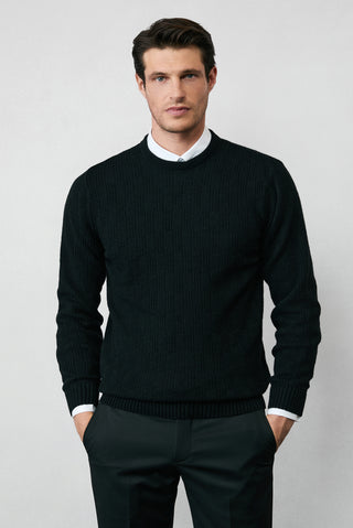  Siyah Bisiklet Yaka Regular Fit Yünlü Desenli Triko Kazak