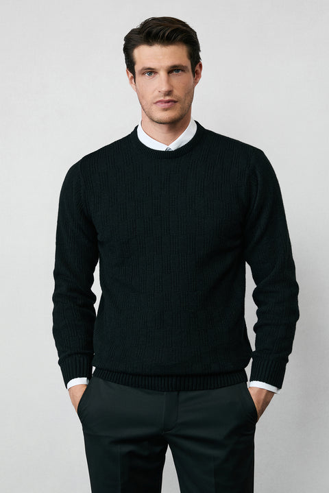 Siyah Bisiklet Yaka Regular Fit Yünlü Desenli Triko Kazak