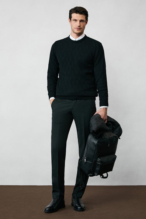 Black Crew Neck Regular Fit Patterned Wool Knit Sweater