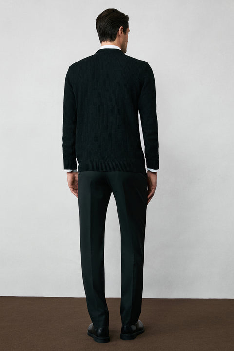 Siyah Bisiklet Yaka Regular Fit Yünlü Desenli Triko Kazak