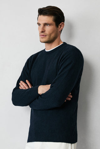  Koyu Lacivert Bisiklet Yaka Regular Fit Yünlü Desenli Triko Kazak