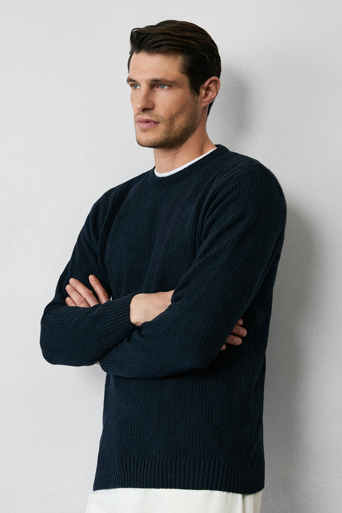 Koyu Lacivert Bisiklet Yaka Regular Fit Desenli Yünlü Triko Kazak