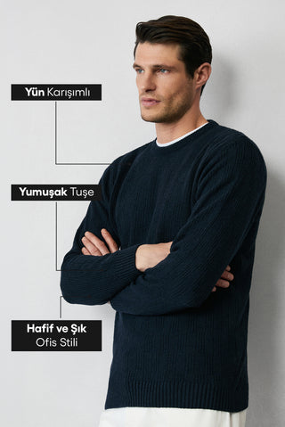  Koyu Lacivert Bisiklet Yaka Regular Fit Yünlü Desenli Triko Kazak