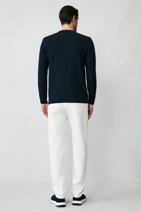 Koyu Lacivert Bisiklet Yaka Regular Fit Desenli Yünlü Triko Kazak