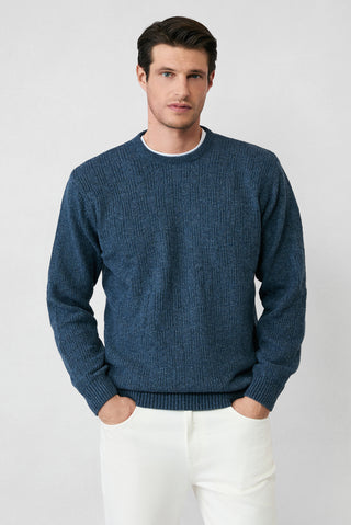  Havacı Mavi Bisiklet Yaka Regular Fit Yünlü Desenli Triko Kazak