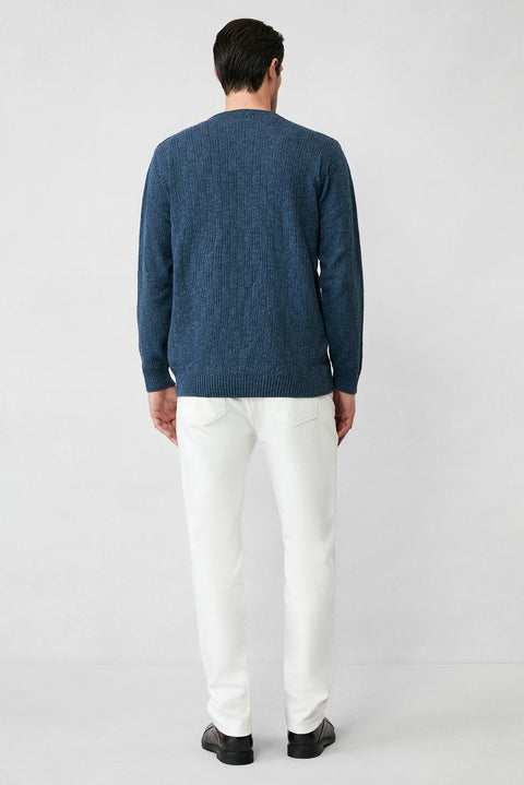 Havacı Mavi Bisiklet Yaka Regular Fit Yünlü Desenli Triko Kazak