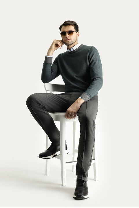 Orta Gri Bisiklet Yaka Slim Fit Dar Kesim Desenli Triko Kazak