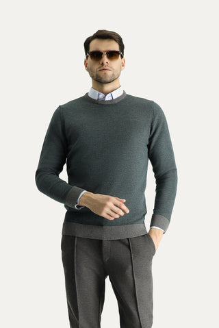  Orta Gri Bisiklet Yaka Slim Fit Dar Kesim Desenli Triko Kazak
