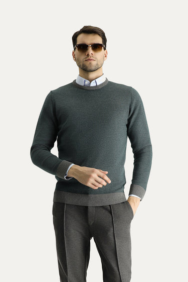 Orta Gri Bisiklet Yaka Slim Fit Dar Kesim Desenli Triko Kazak