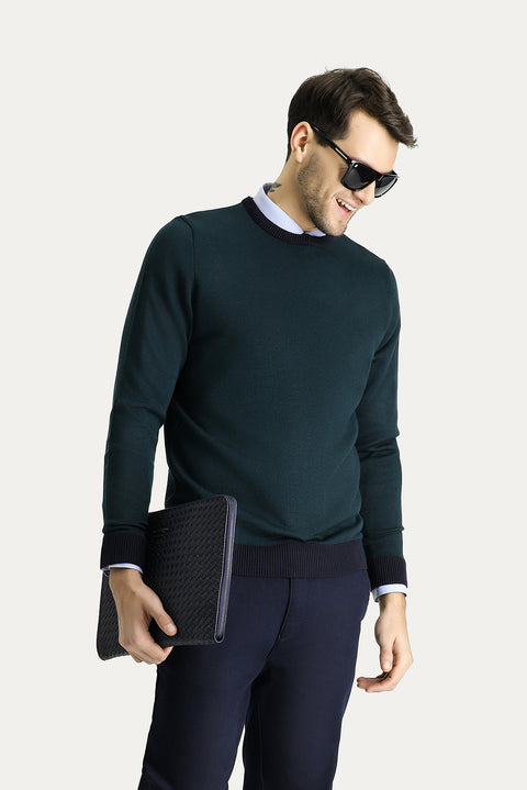Koyu Lacivert Bisiklet Yaka Slim Fit Dar Kesim Desenli Triko Kazak