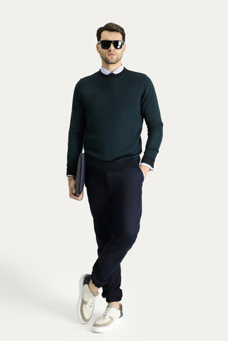  Koyu Lacivert Bisiklet Yaka Slim Fit Dar Kesim Desenli Triko Kazak