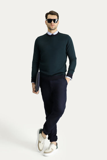 Koyu Lacivert Bisiklet Yaka Slim Fit Dar Kesim Desenli Triko Kazak