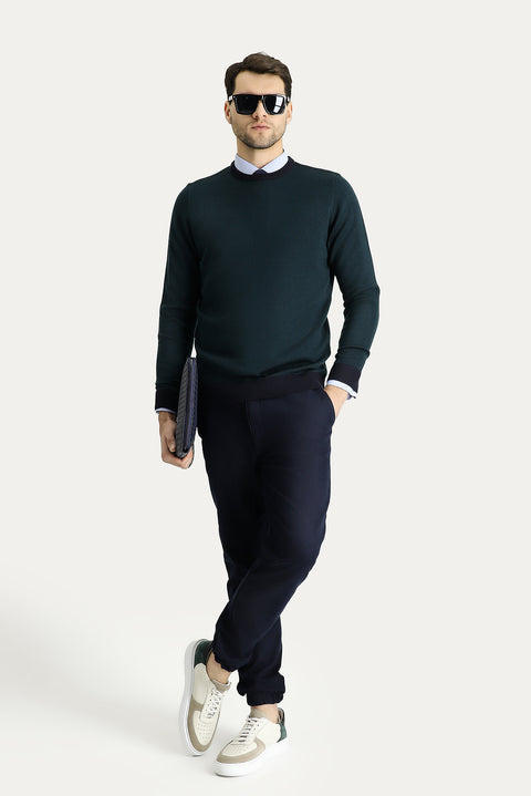 Koyu Lacivert Bisiklet Yaka Slim Fit Dar Kesim Desenli Triko Kazak