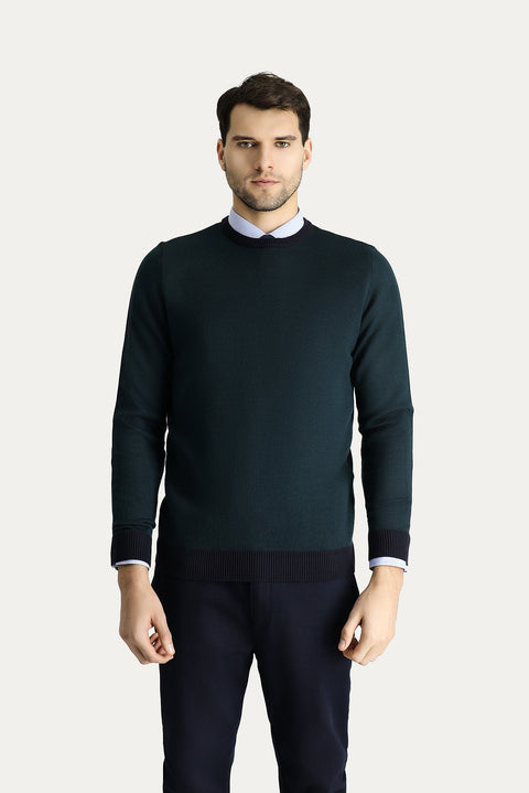 Koyu Lacivert Bisiklet Yaka Slim Fit Dar Kesim Desenli Triko Kazak