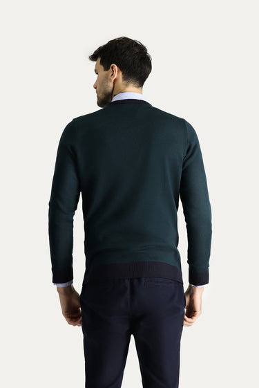 Koyu Lacivert Bisiklet Yaka Slim Fit Dar Kesim Desenli Triko Kazak